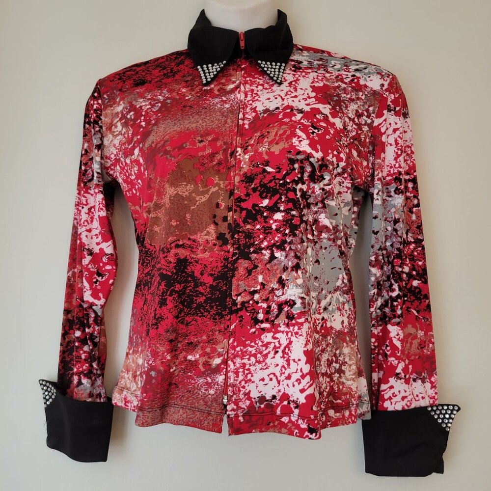 Vintage Valencia Abstract Red Black Long Sleeve Top Rhinestone Cuffs Collar L Ho